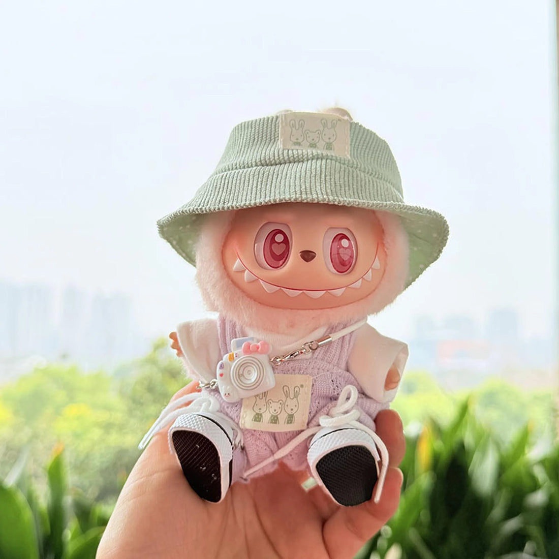 Labubu Clothes Labubu Kd White Camera + Purple Canvas Shoes + Green Bunny Hat + Refreshing Purple Overalls Set