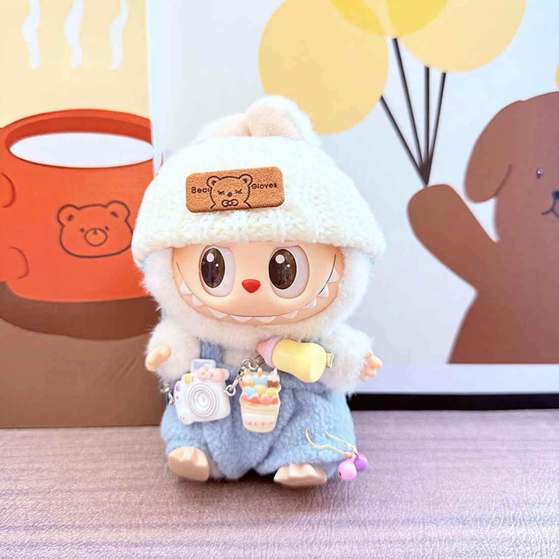 Labubu Clothes Labubu Kd White Camera + White Snapback Cap + Blue Bottle Overalls
