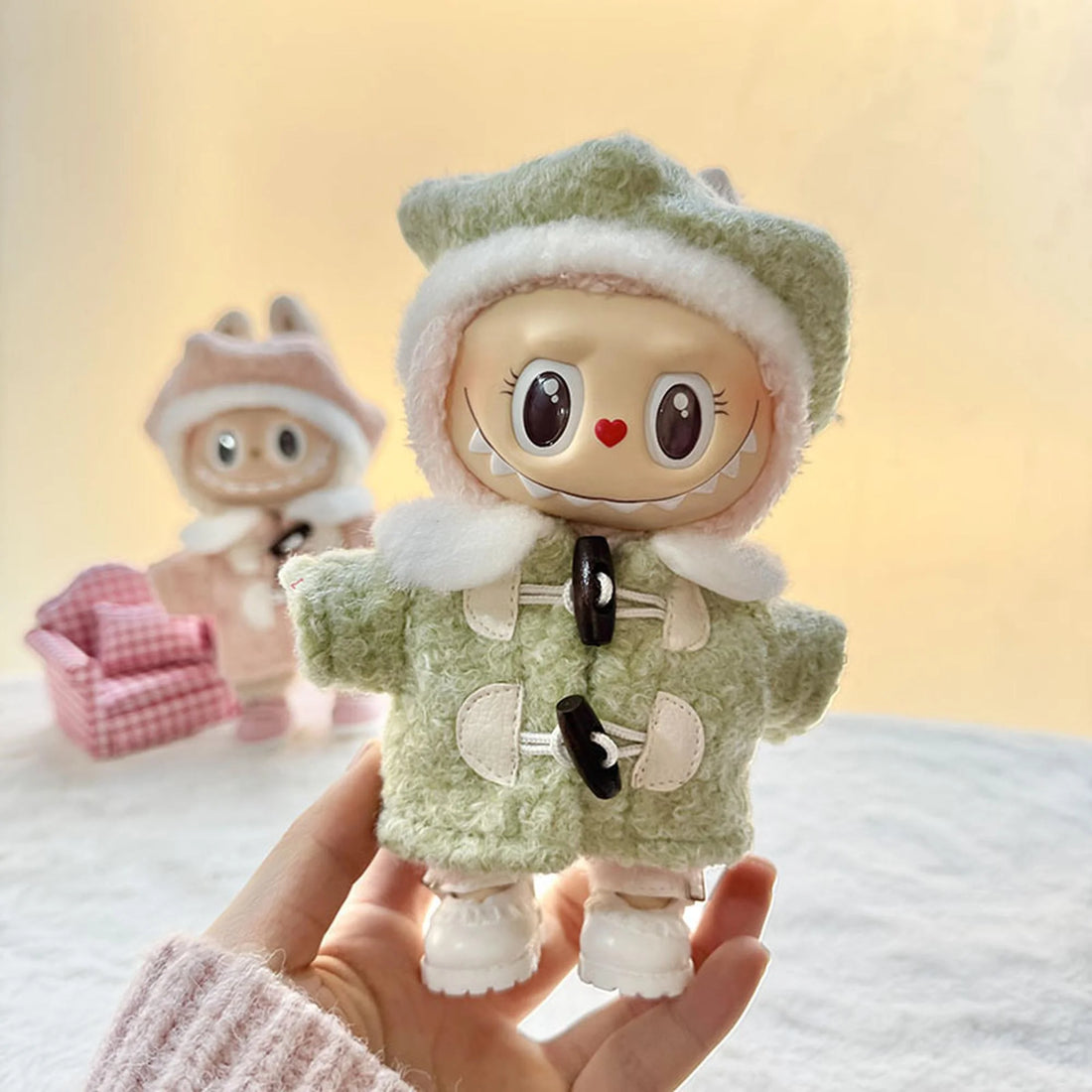 Labubu Clothes Labubu Kd White Leather Shoes + Green Hexagonal Beret Set With Pendant