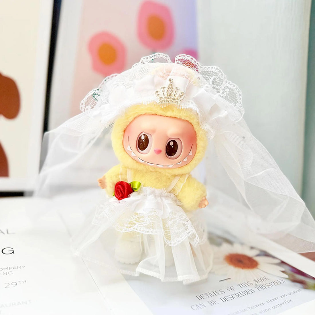 Labubu Clothes Labubu Kd White Leather Shoes + White Rose Bridal Ensemble