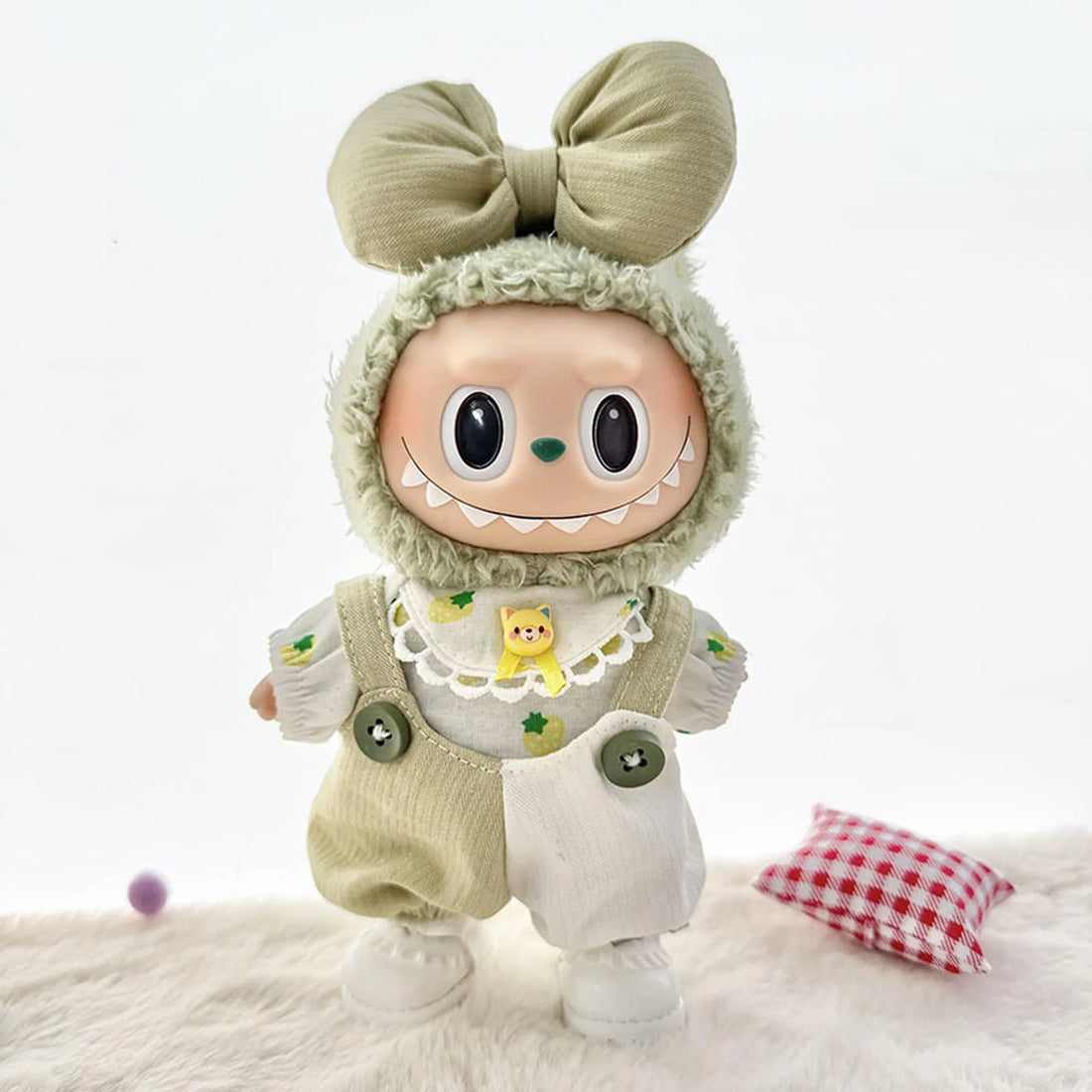 Labubu Clothes Labubu Kd White Leather Shoes + Yellow Bear Green &amp; White Suspenders 3-Piece Set