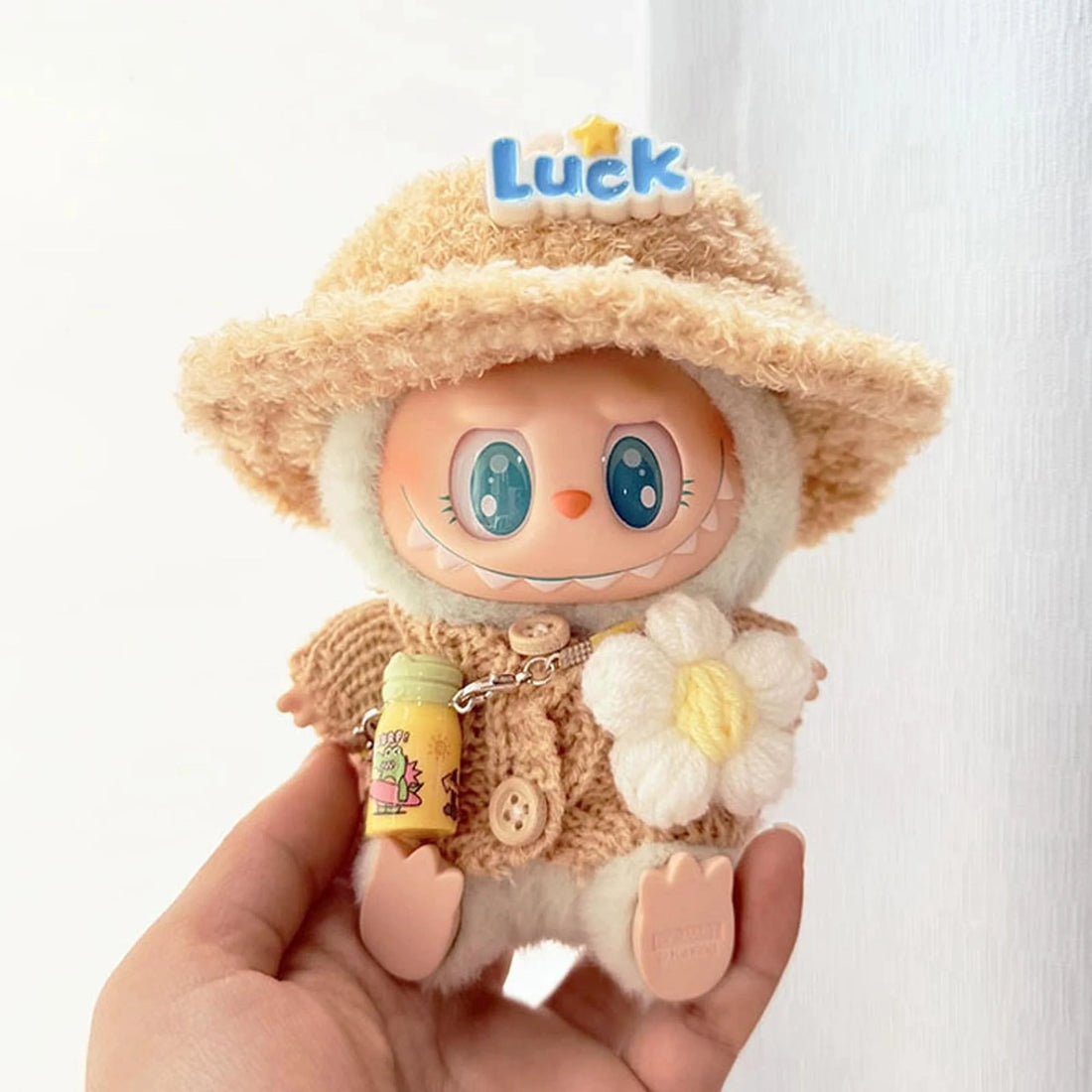 Labubu Clothes Labubu Khaki Button Knit Sweater + Floral Print + Luck Hat + Yellow Water Bottle