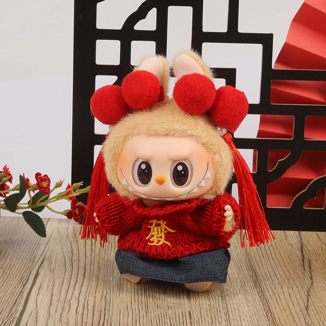 Labubu Clothes Labubu Knitted Sweater With Character Print + Pair Of Red Hair Clips + Denim Skirt