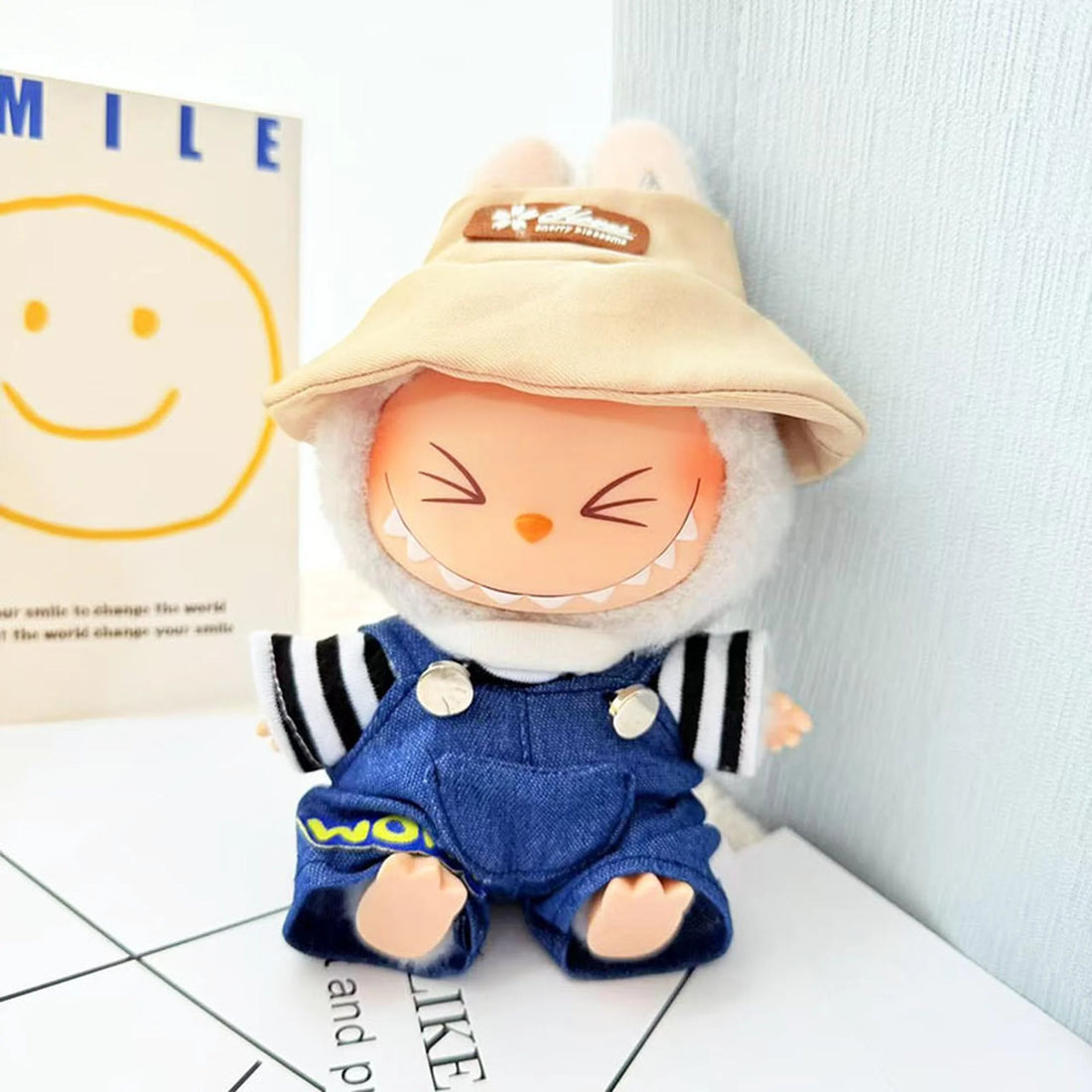 Labubu Clothes Labubu Lucky Clover Hat + Black &amp; White Striped Denim Overalls Accessory