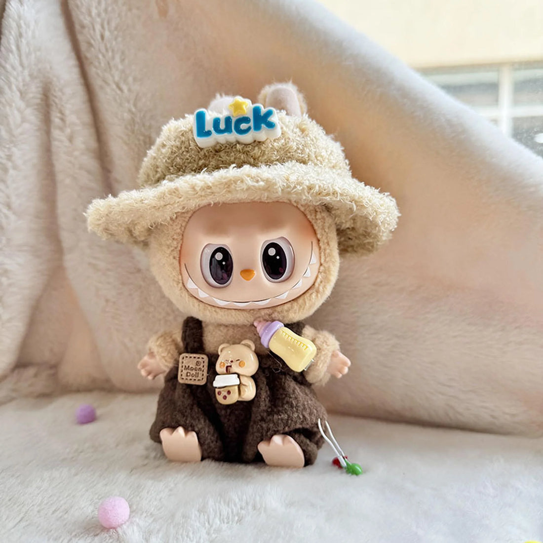 Labubu Clothes Labubu Lucky Hat + Accessory Milk Bottle Overalls In Brown