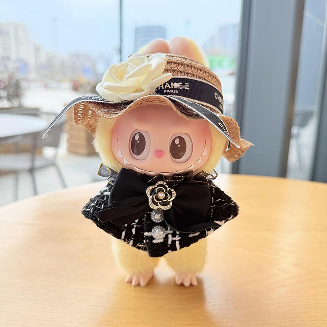 Labubu Clothes Labubu Luxury Black Shawl + Brown Camellia Straw Hat
