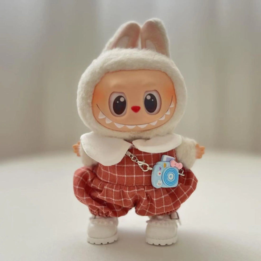 Labubu Clothes Labubu Orange Check Jumpsuit Set + Kd White Leather Shoes
