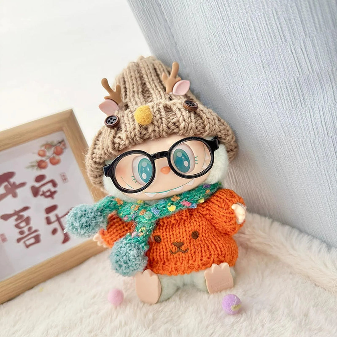 Labubu Clothes Labubu Orange Dog Sweater + Deer Antler Hat + Black Frame Glasses + Green Polka Dot Scarf