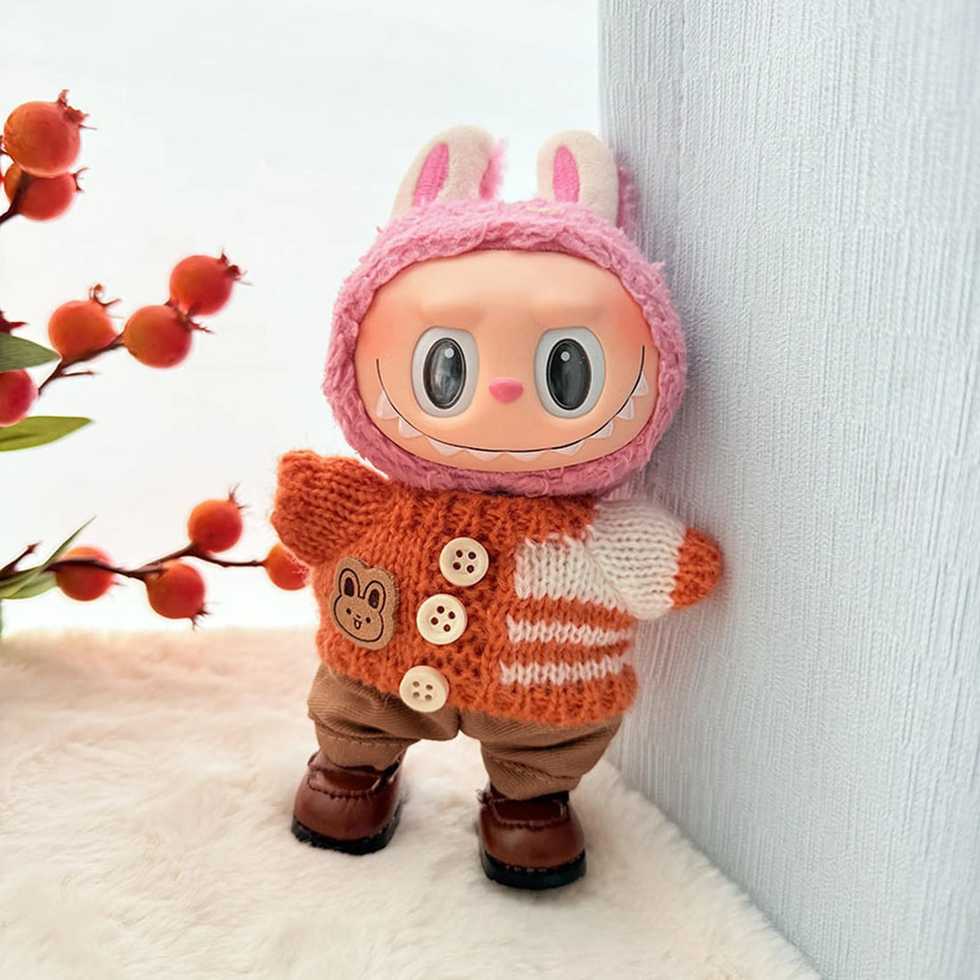 Labubu Clothes Labubu Orange Striped Button Sweater + Khaki Pants + Brown Square-Toe Shoes