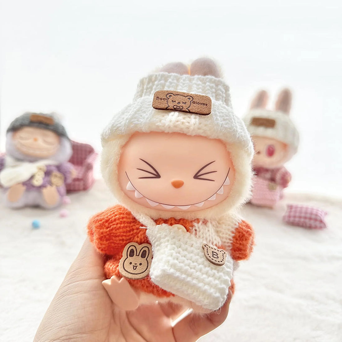 Labubu Clothes Labubu Orange Striped Button Sweater + White Flipped-Brim Hat + White B Bag