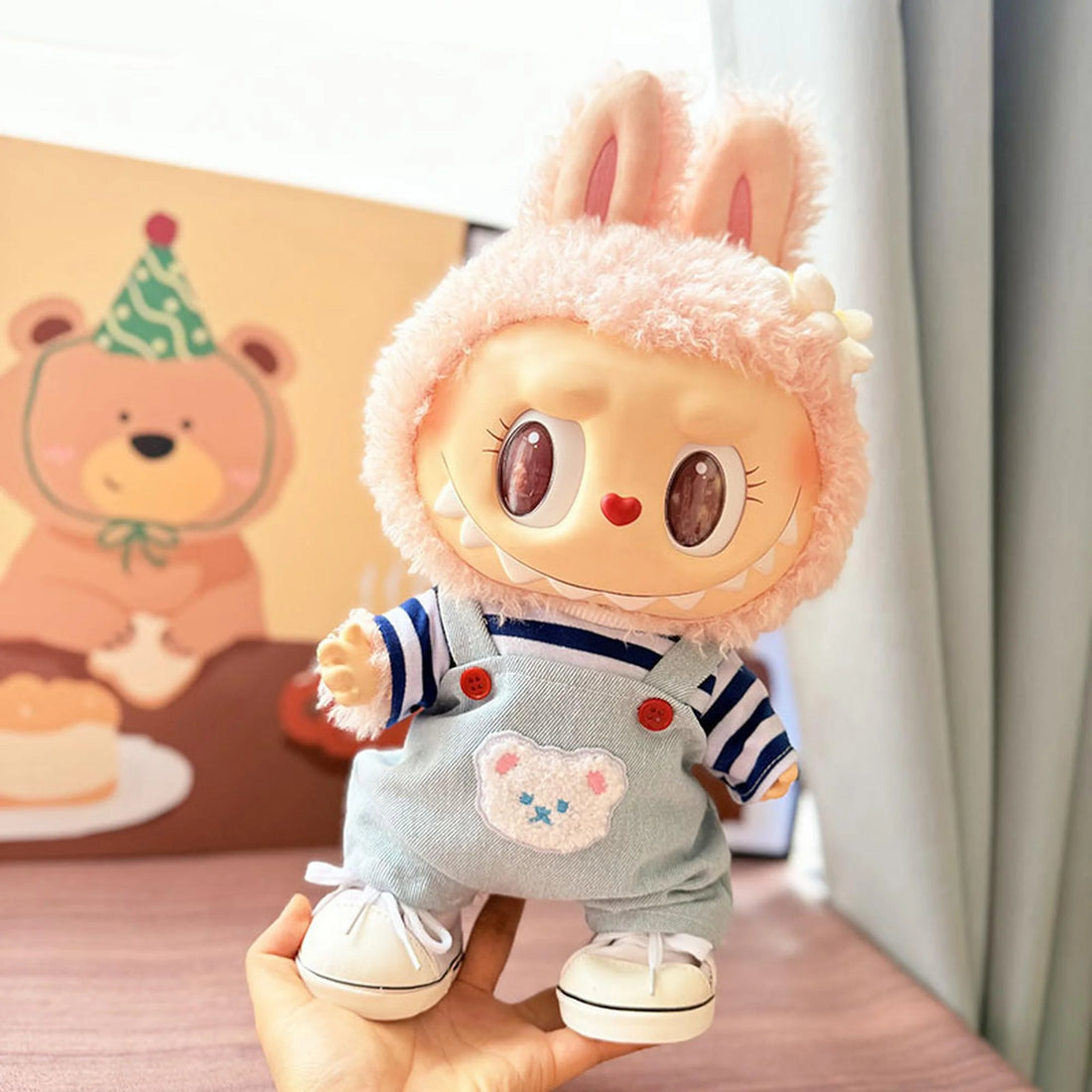 Labubu Clothes Labubu Oversized White Canvas Sneakers + Ocean Bear Overalls Set