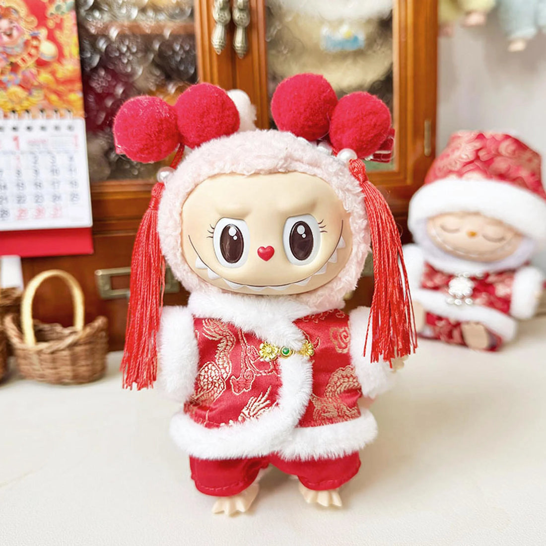 Labubu Clothes Labubu Pair Of Red Hair Clips + Sj Gold Buckle Fringed Tang Suit Pendant