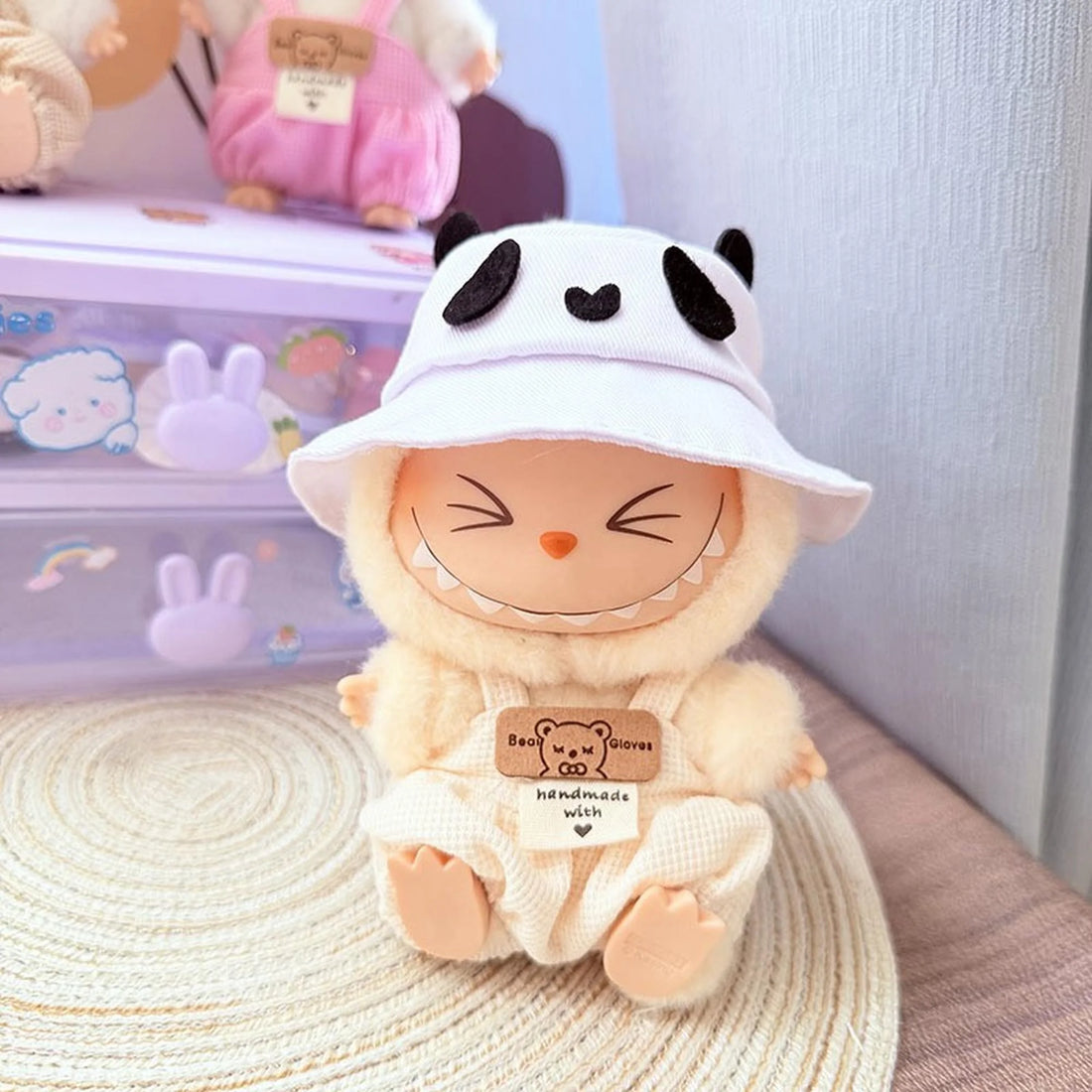 Labubu Clothes Labubu Panda Hat + White Checkered Overalls