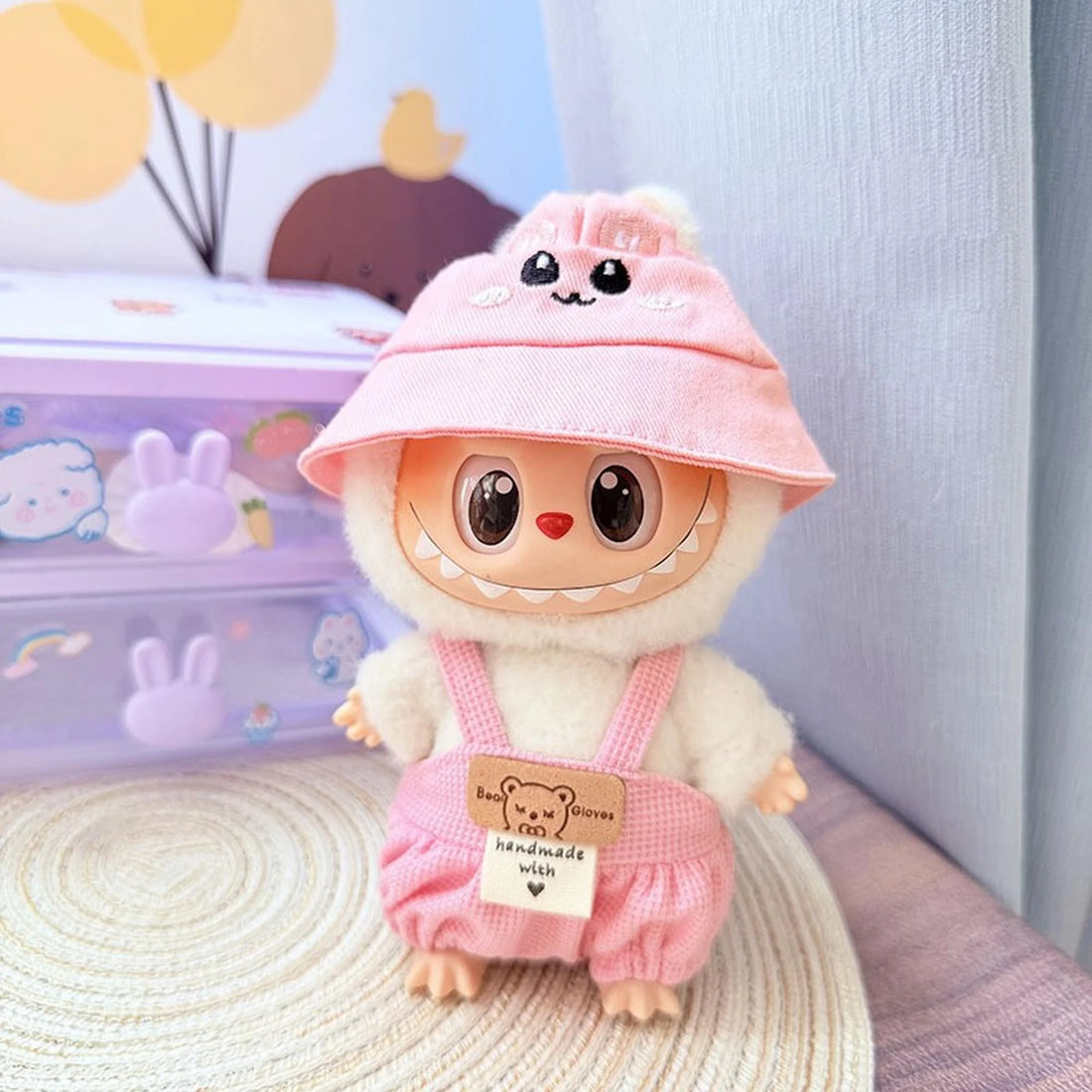 Labubu Clothes Labubu Pink Bunny Hat + Pink Checkered Overalls