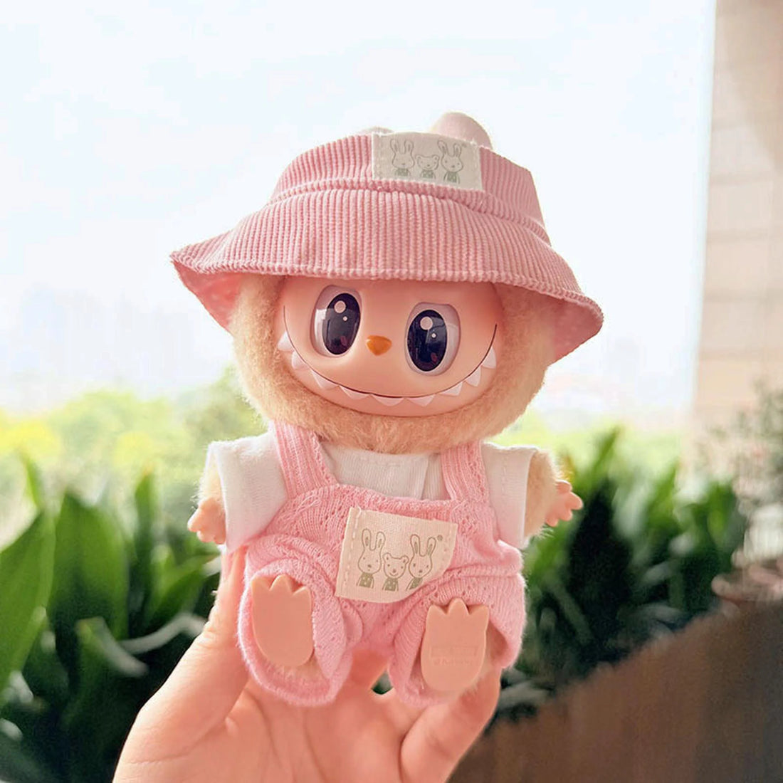 Labubu Clothes Labubu Pink Bunny Hat + Refreshing Suspenders Outfit Set In Pink