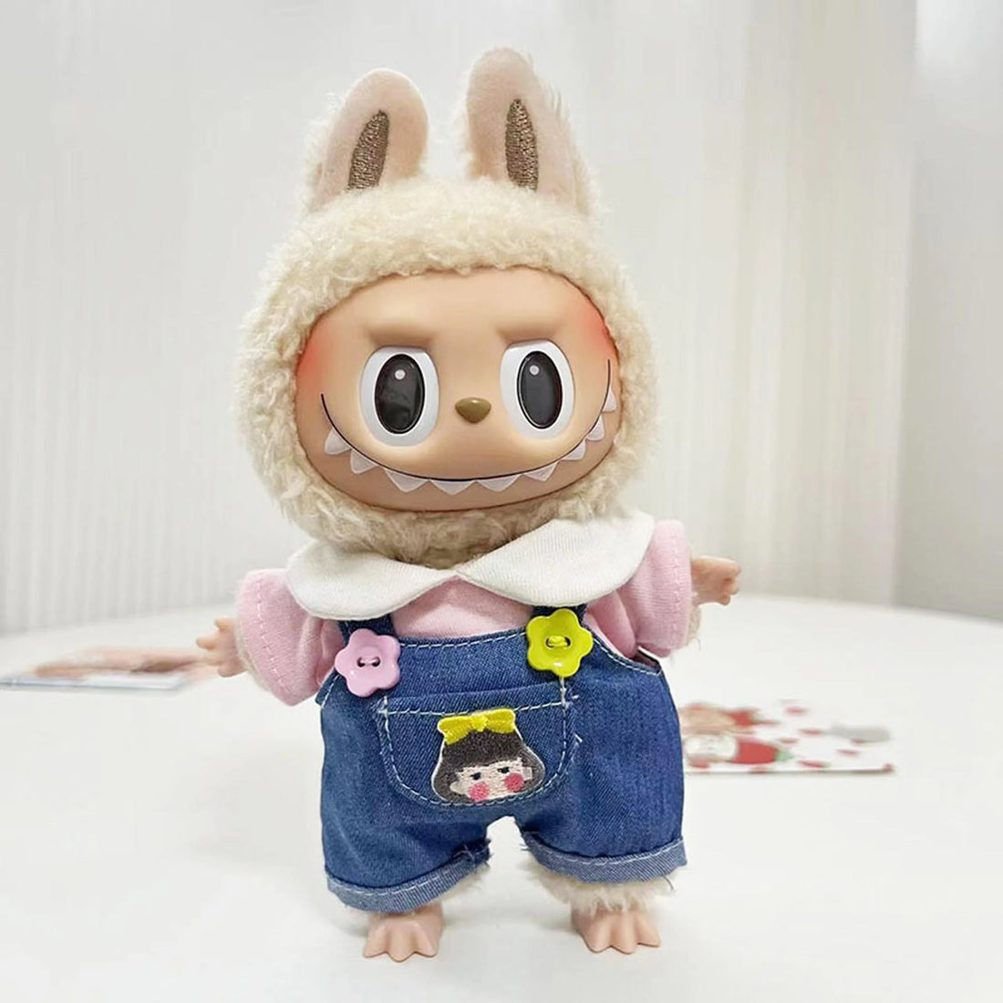 Labubu Clothes Labubu Pink Crewneck Tee With White Collar + Sunflower Button Overalls