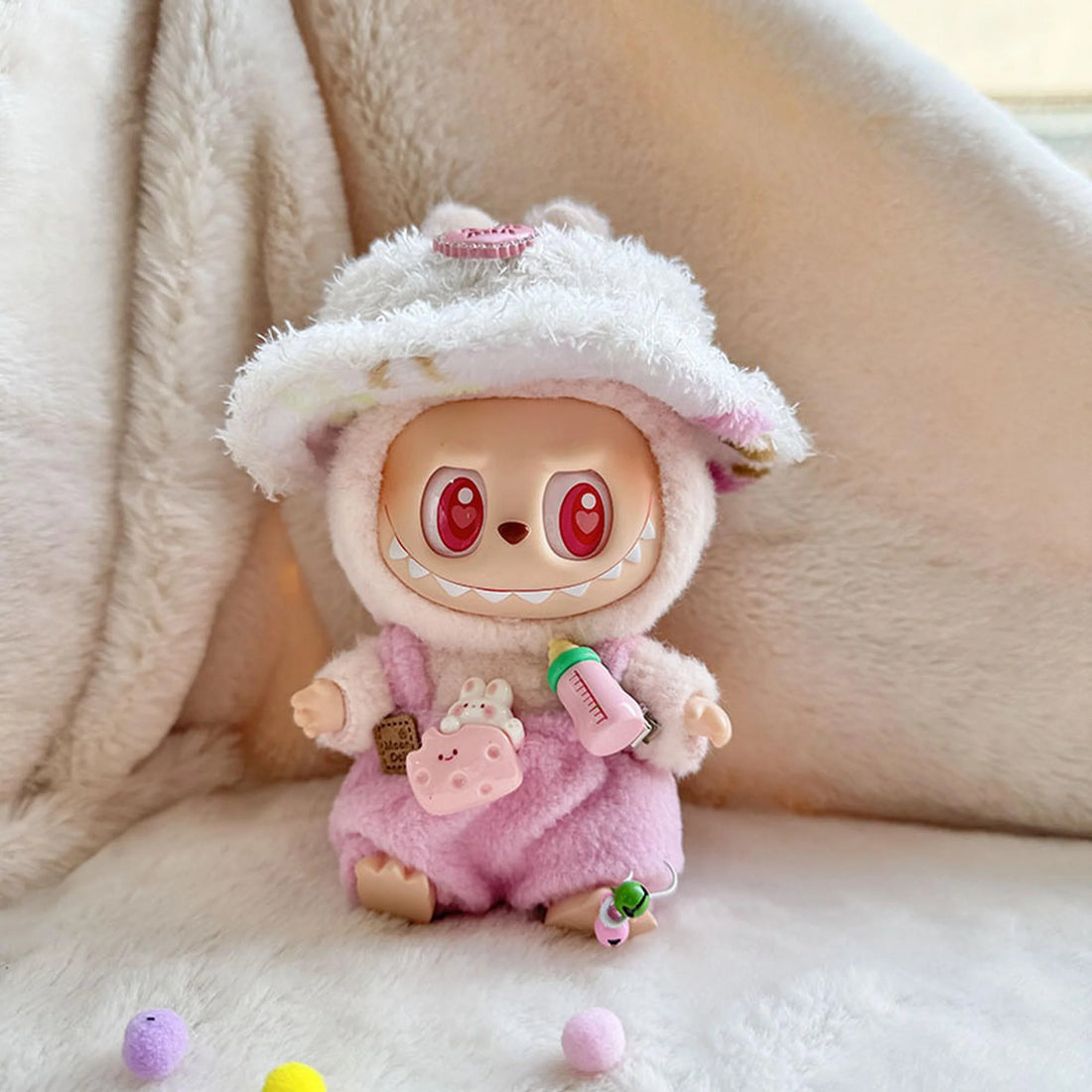 Labubu Clothes Labubu Pink Diamond Hat + Pacifier Overalls With Accessories In Pink