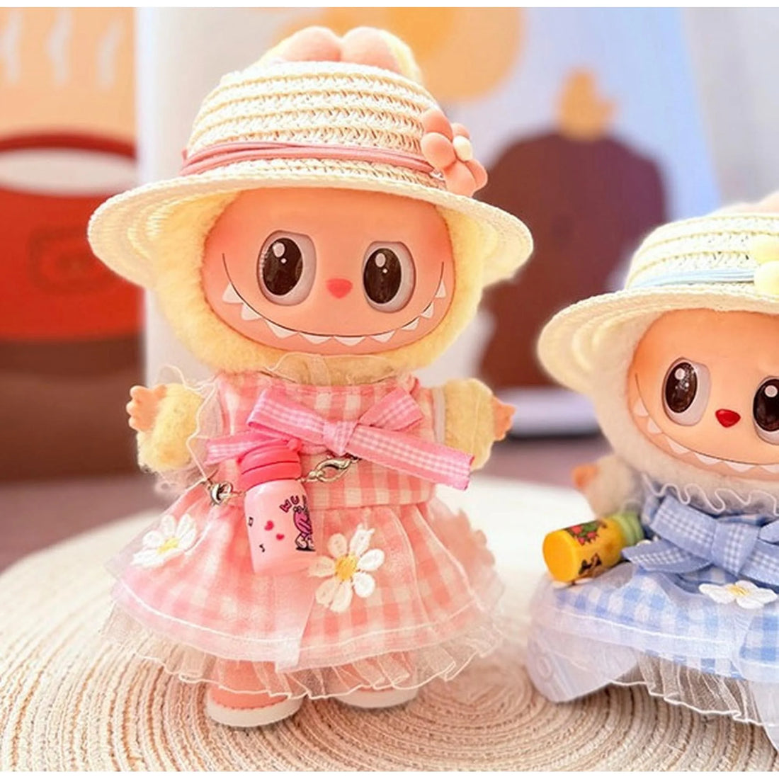 Labubu Clothes Labubu Pink Flat Cap + Daisy Pink Plaid Skirt + Kd Pink Leather Shoes + Pink Water Bottle