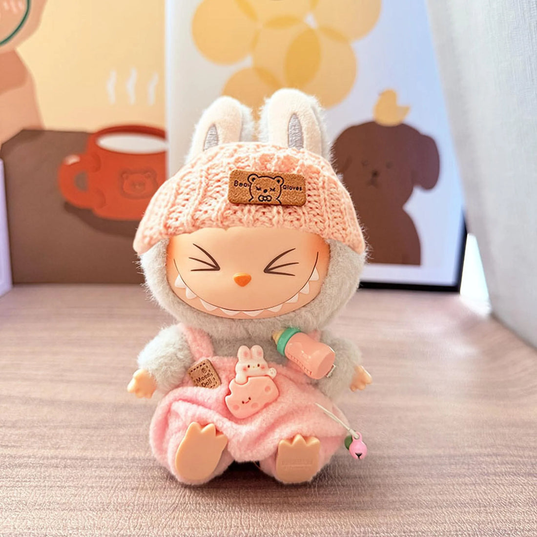 Labubu Clothes Labubu Pink Flipped-Brim Hat + Pink Bottle Overalls