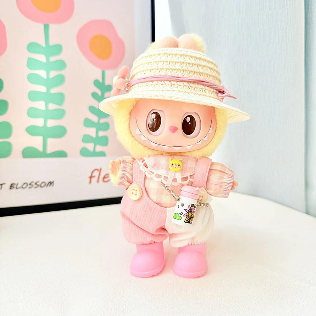 Labubu Clothes Labubu Pink Floral Bucket Hat + White Water Bottle + Pink Rain Boots + Spring Sweet Pink Set