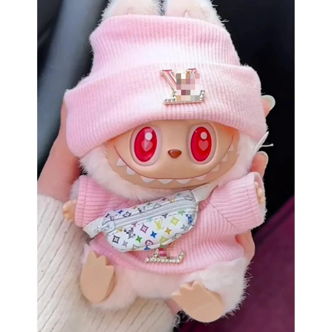Labubu Clothes Labubu Pink Gold V-Neck Outfit + White V Bag