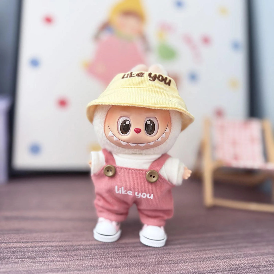 Labubu Clothes Labubu Pink Like Overalls + Yellow Like Cap + Pink Canvas Shoes