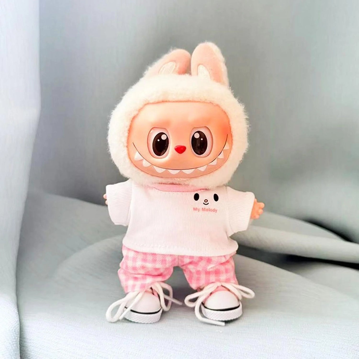 Labubu Clothes Labubu Pink Melody Tee + Pink Checkered Pants + Pink Canvas Shoes