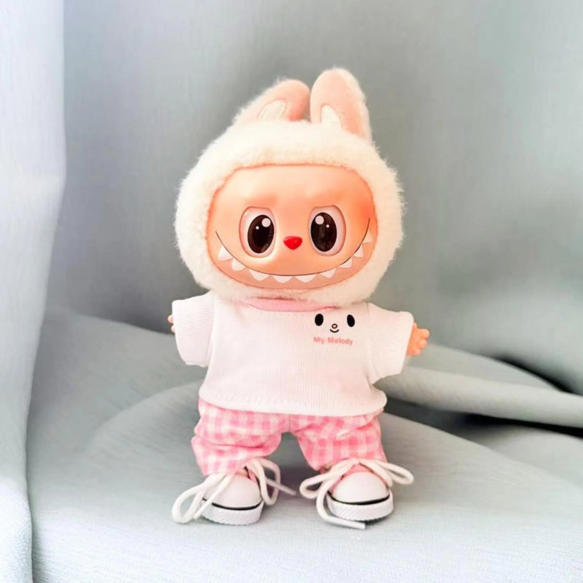 Labubu Clothes Labubu Pink Melody Tee + Pink Checkered Pants + Pink Canvas Shoes