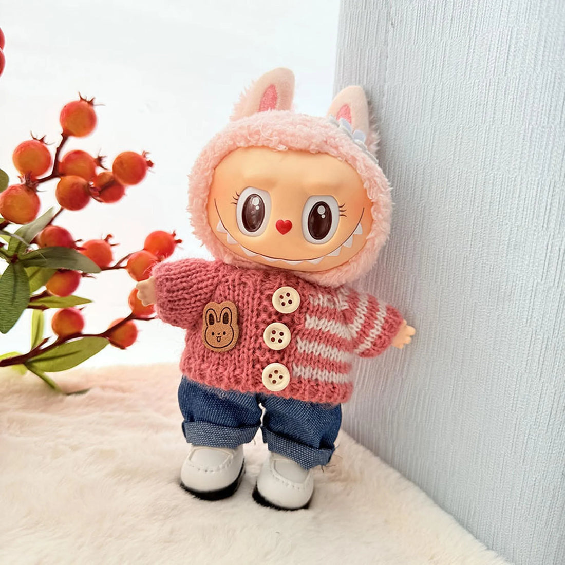 Labubu Clothes Labubu Pink Striped Button Sweater + Blue Jeans + White Square-Toe Shoes