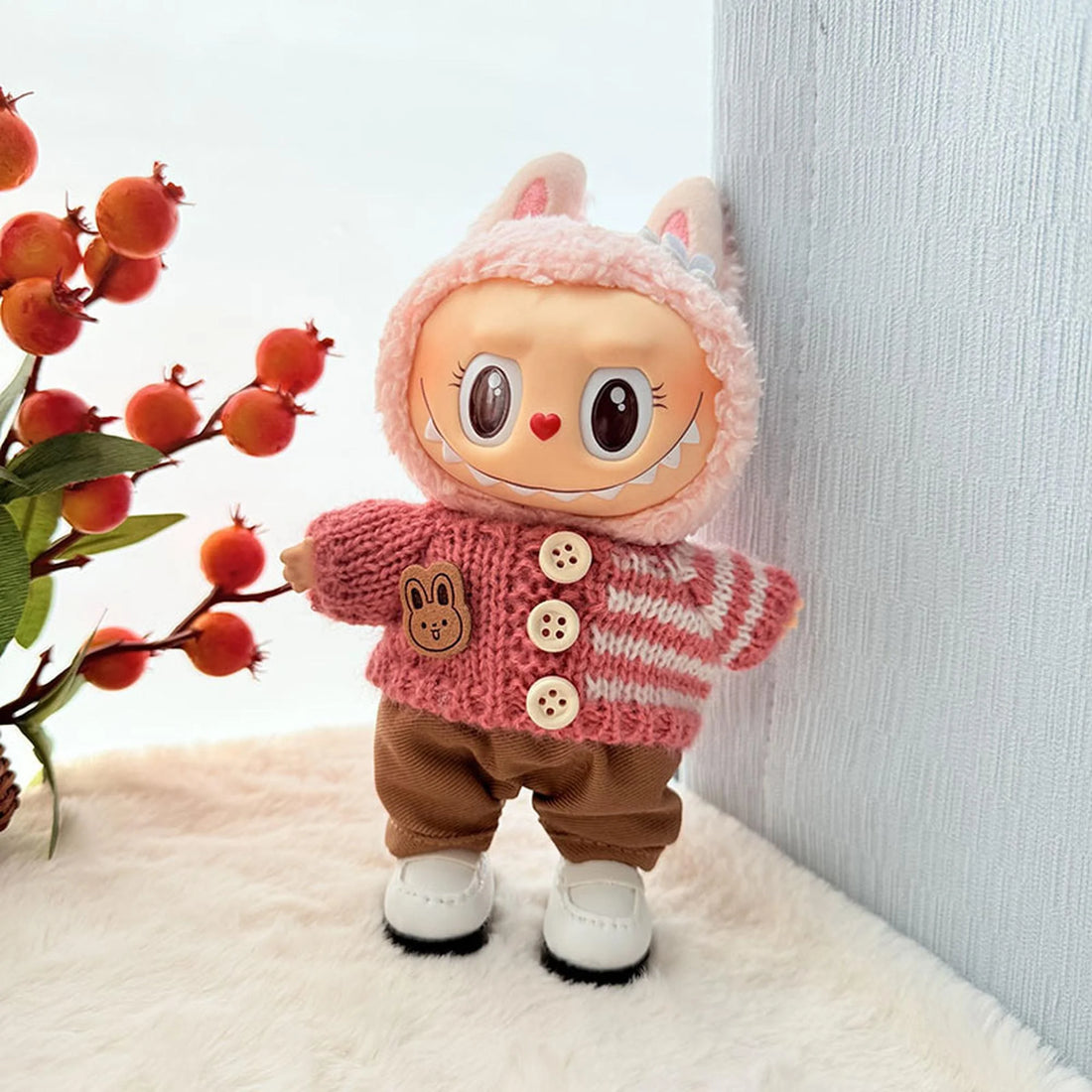 Labubu Clothes Labubu Pink Striped Button Sweater + Khaki Pants + White Square-Toe Shoes