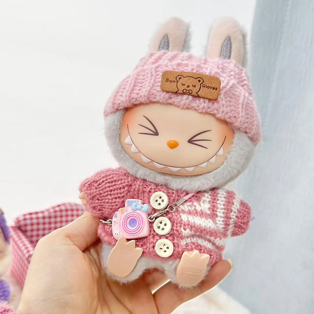 Labubu Clothes Labubu Pink Striped Button Sweater + Pink Flipped Brim Hat + Kd Pink Camera