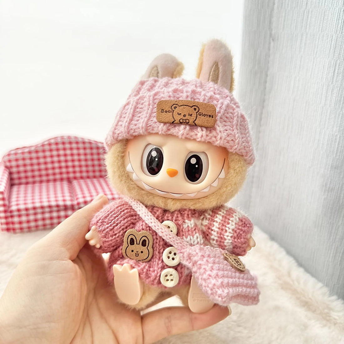 Labubu Clothes Labubu Pink Striped Button Sweater + Pink Turn-Up Hat + Pink B Bag