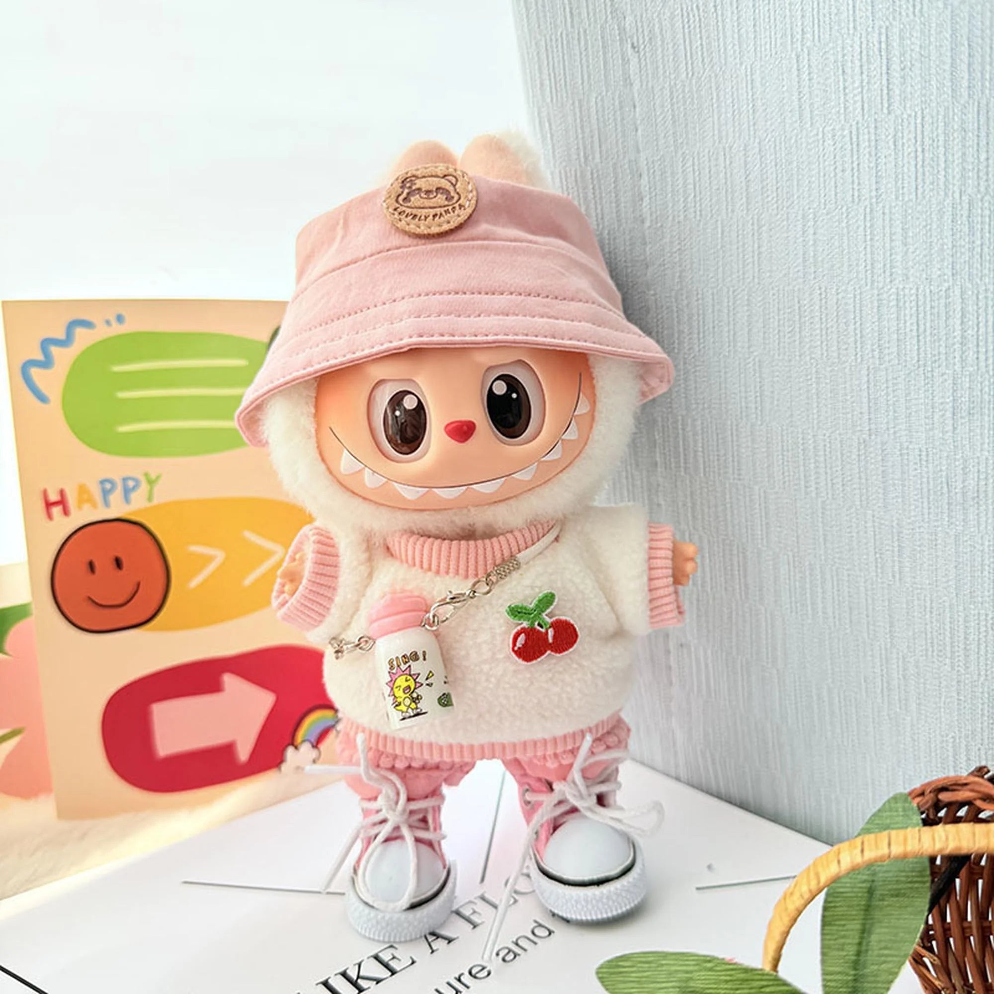 Labubu Clothes Labubu Pink Water Bottle + Pink Canvas Shoes + Pink Panda Hat + Pink Fleece Two-Piece Set