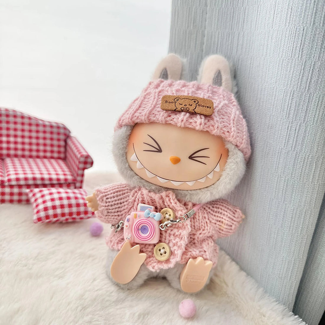 Labubu Clothes Labubu Pink Wooden Button Sweater + Pink Turn-Up Hat + Kd Pink Camera
