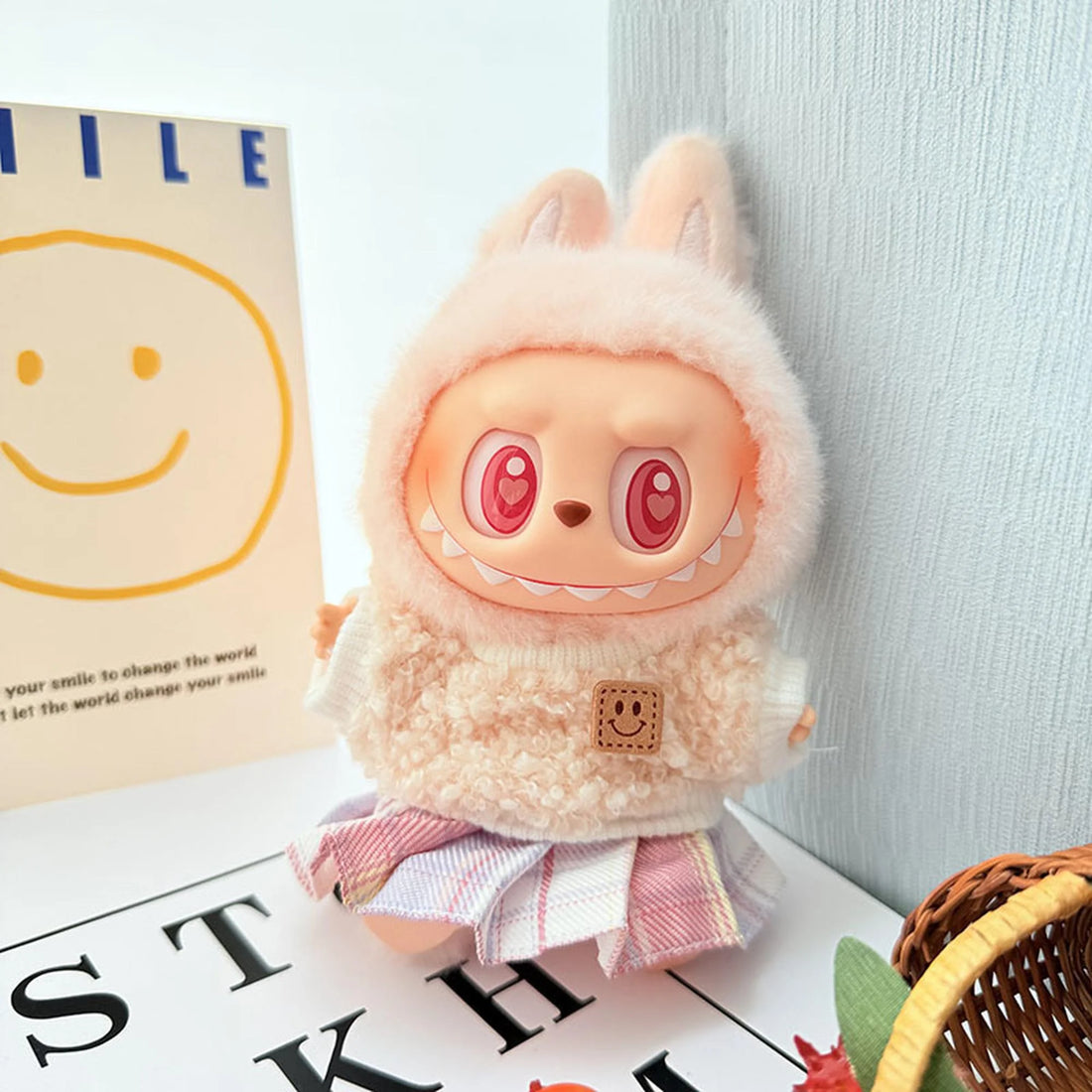 Labubu Clothes Labubu Plaid Skirt Jk Outfit + White Smiley Graphic Sweater