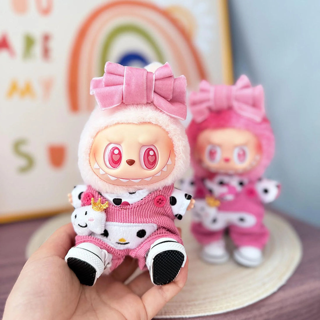 Labubu Clothes Labubu Polka Dot Pink Melewa Jumpsuit + Pink Canvas Shoes