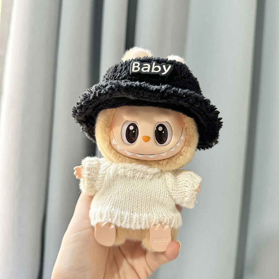 Labubu Clothes Labubu Pure White Knit Sweater With Black Fuzzy Hat