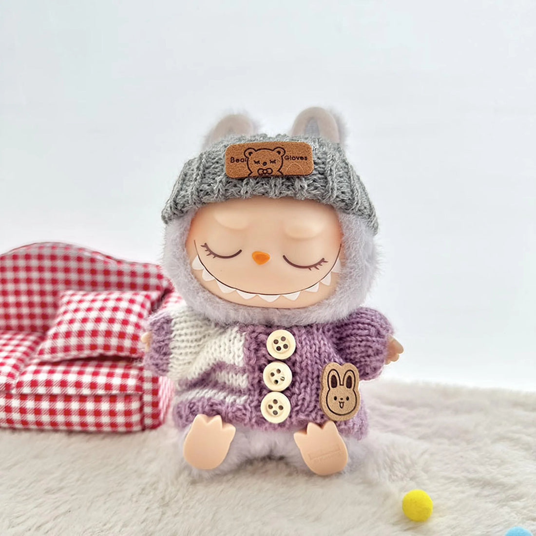 Labubu Clothes Labubu Purple Striped Button Sweater + Gray Turn-Up Beanie