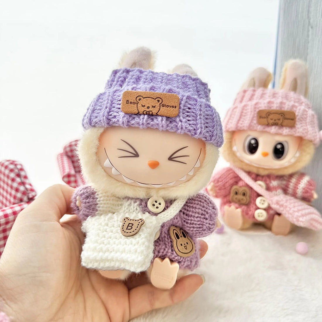 Labubu Clothes Labubu Purple Striped Button Sweater + Purple Turn-Up Hat + White B Bag