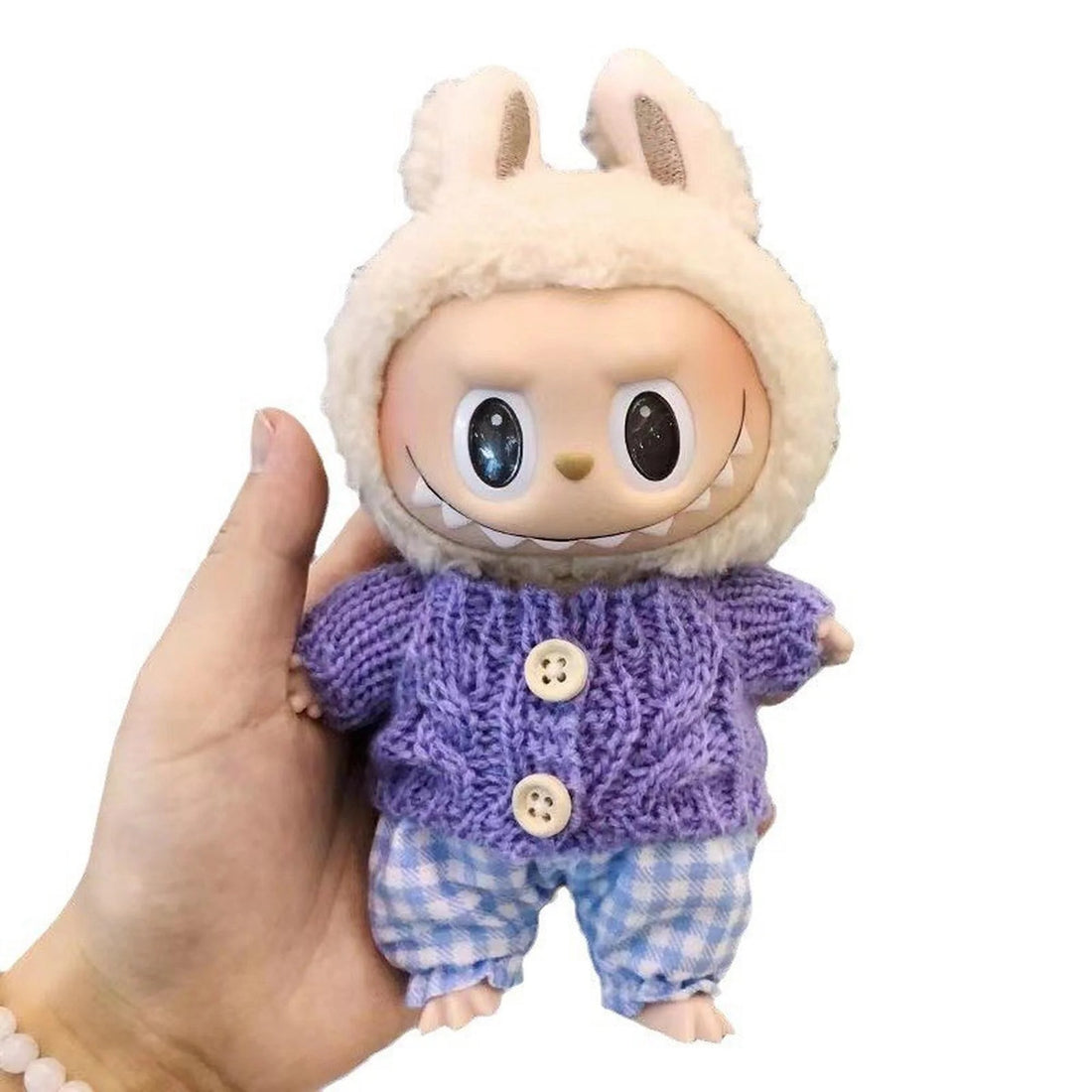 labubu-clothes-purple-twisted-flower-buttons-blue-and-white-checkered-pants