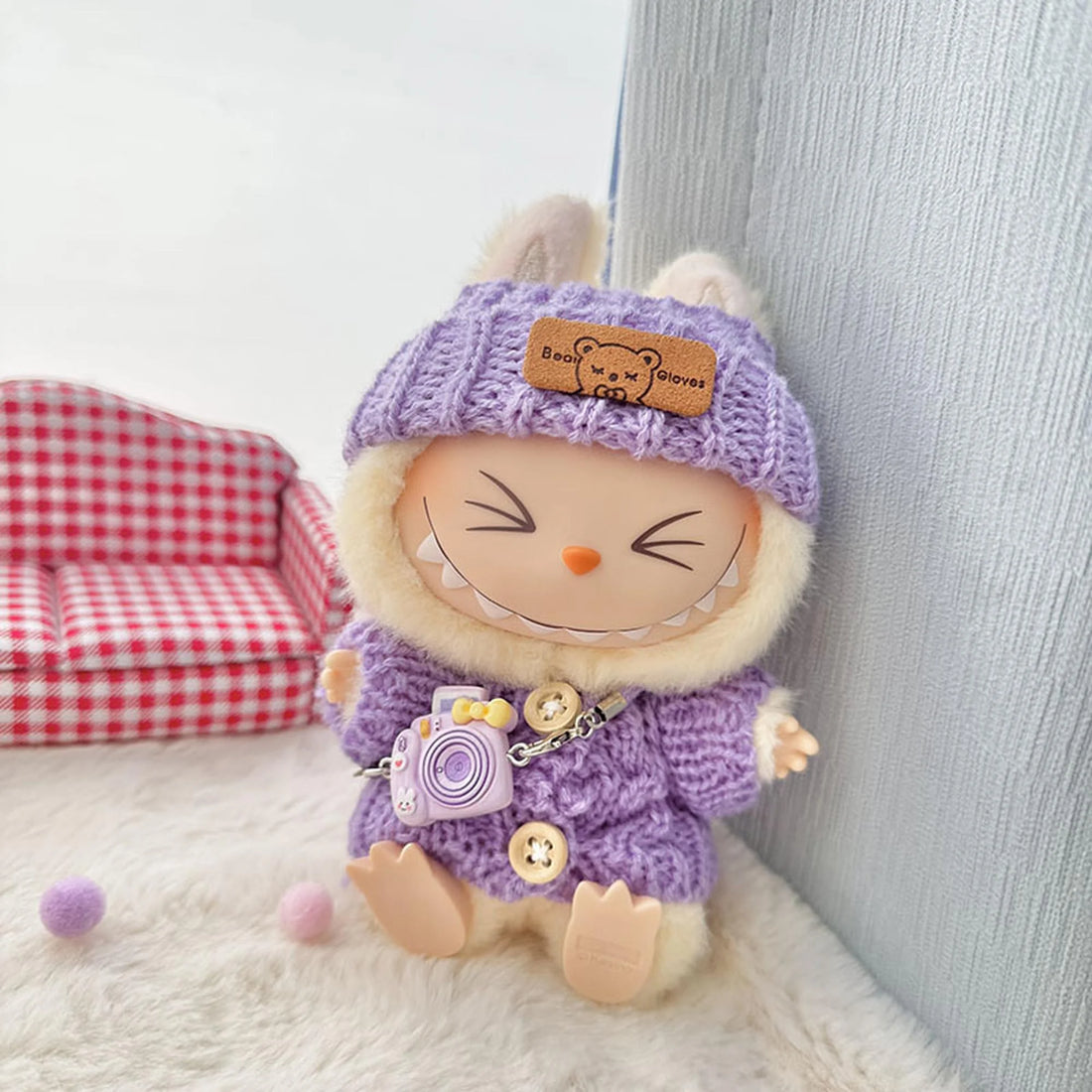 Labubu Clothes Labubu Purple Wooden Button Sweater + Purple Turn-Up Hat + Kd Purple Camera