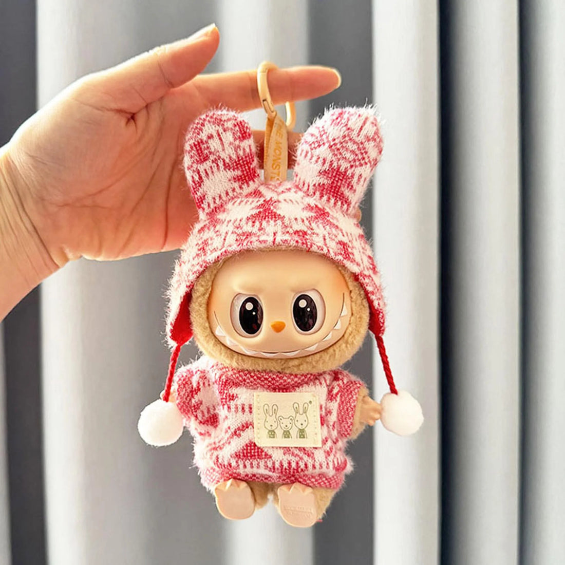 Labubu Clothes Labubu Red And White Bunny Ear Jacquard Sweater Two-Piece Set