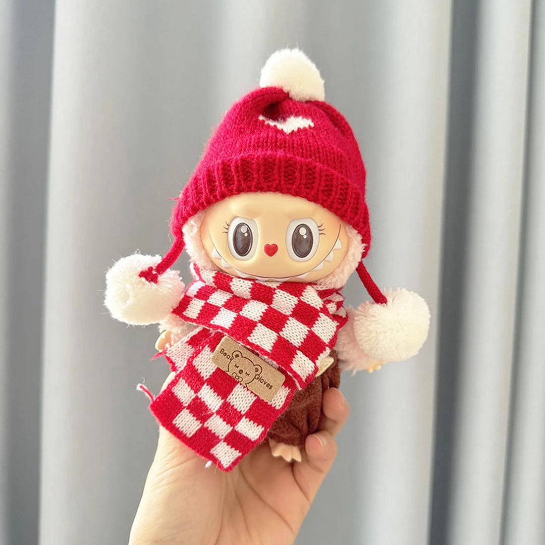 Labubu Clothes Labubu Red And White Checkered Scarf + Random Coffee Overalls + Little Heart Double Pom Pom Hat