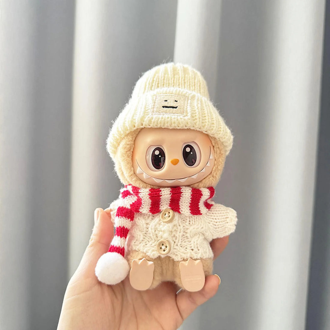 Labubu Clothes Labubu Red And White Striped Scarf + White Emoji Beanie + White Wooden Button Sweater