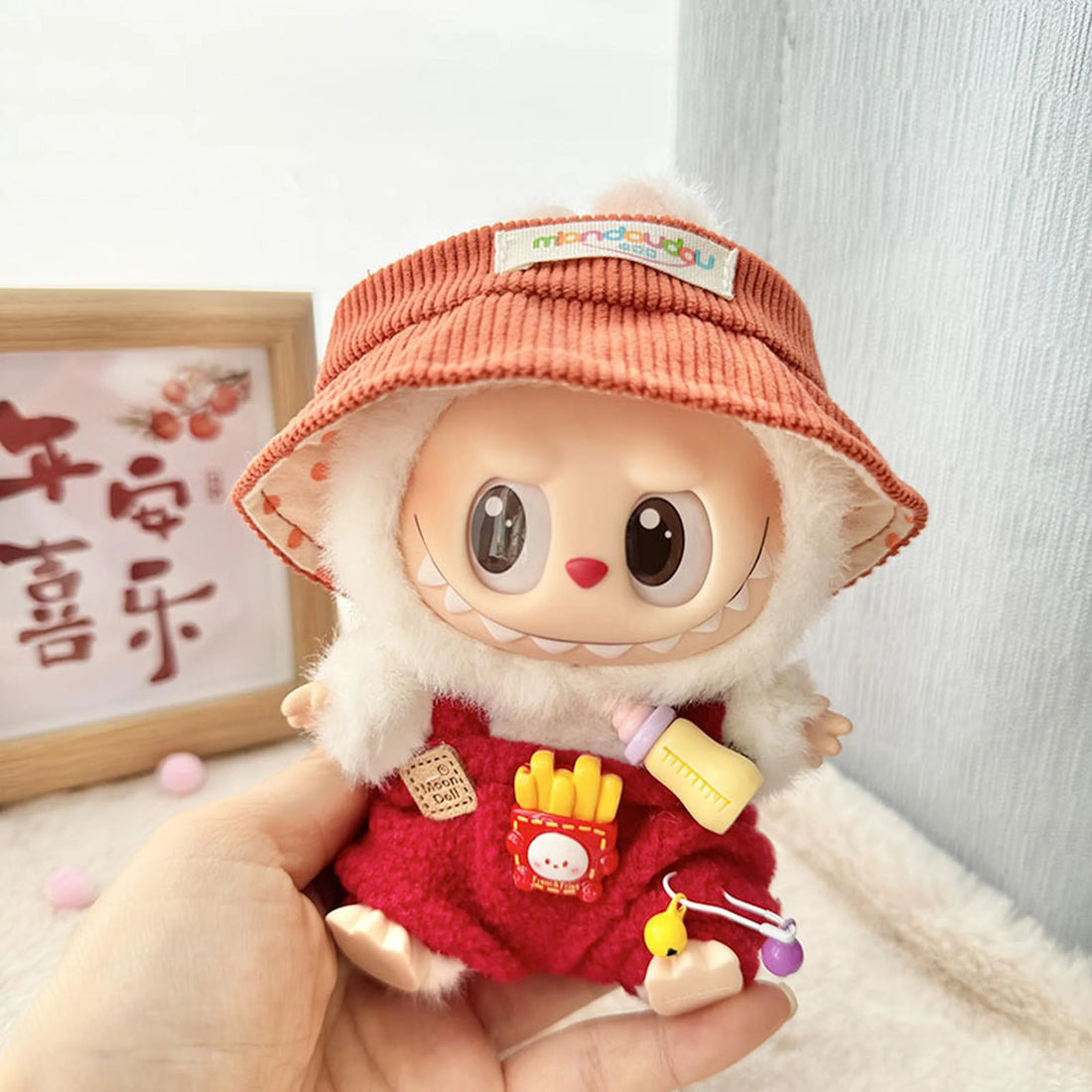 Labubu Clothes Labubu Red Beanie Hat + Red Bottle Overalls