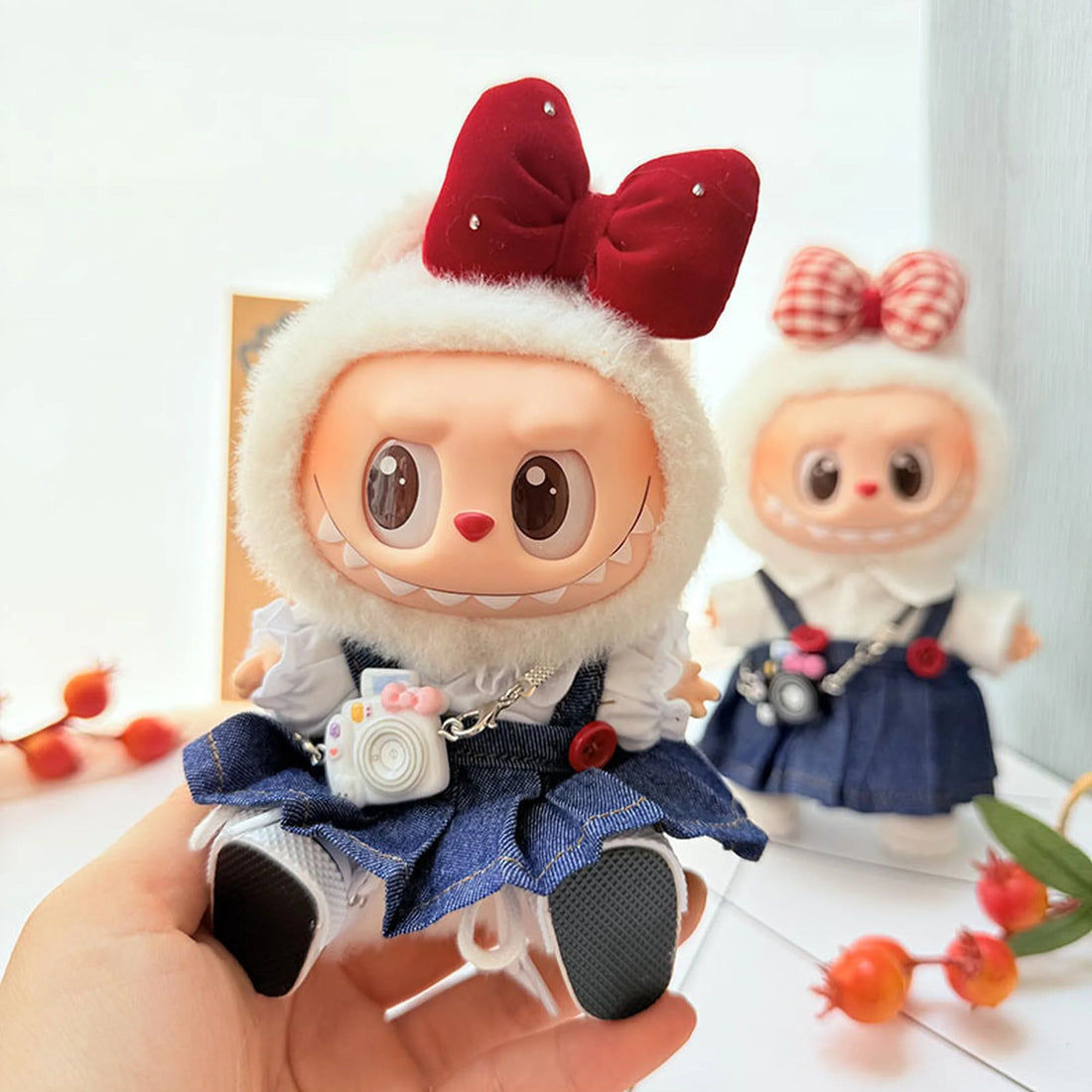 Labubu Clothes Labubu Red Button-Down Denim Skirt + Puff-Sleeve White Top + Rhinestone Red Hair Clip + Kd White Camera + White Canvas Shoes