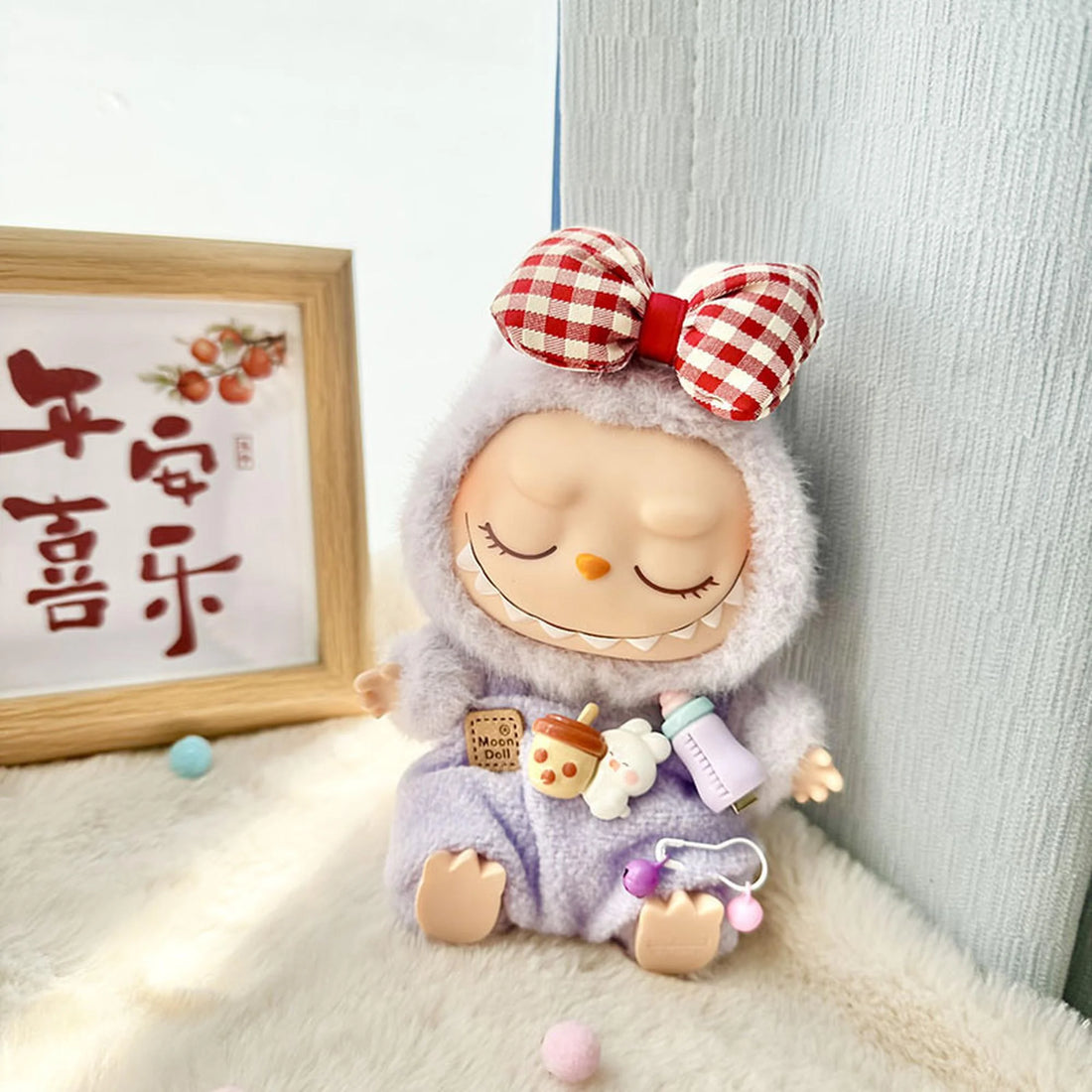 Labubu Clothes Labubu Red Check Hair Clip + Purple Bottle Overalls