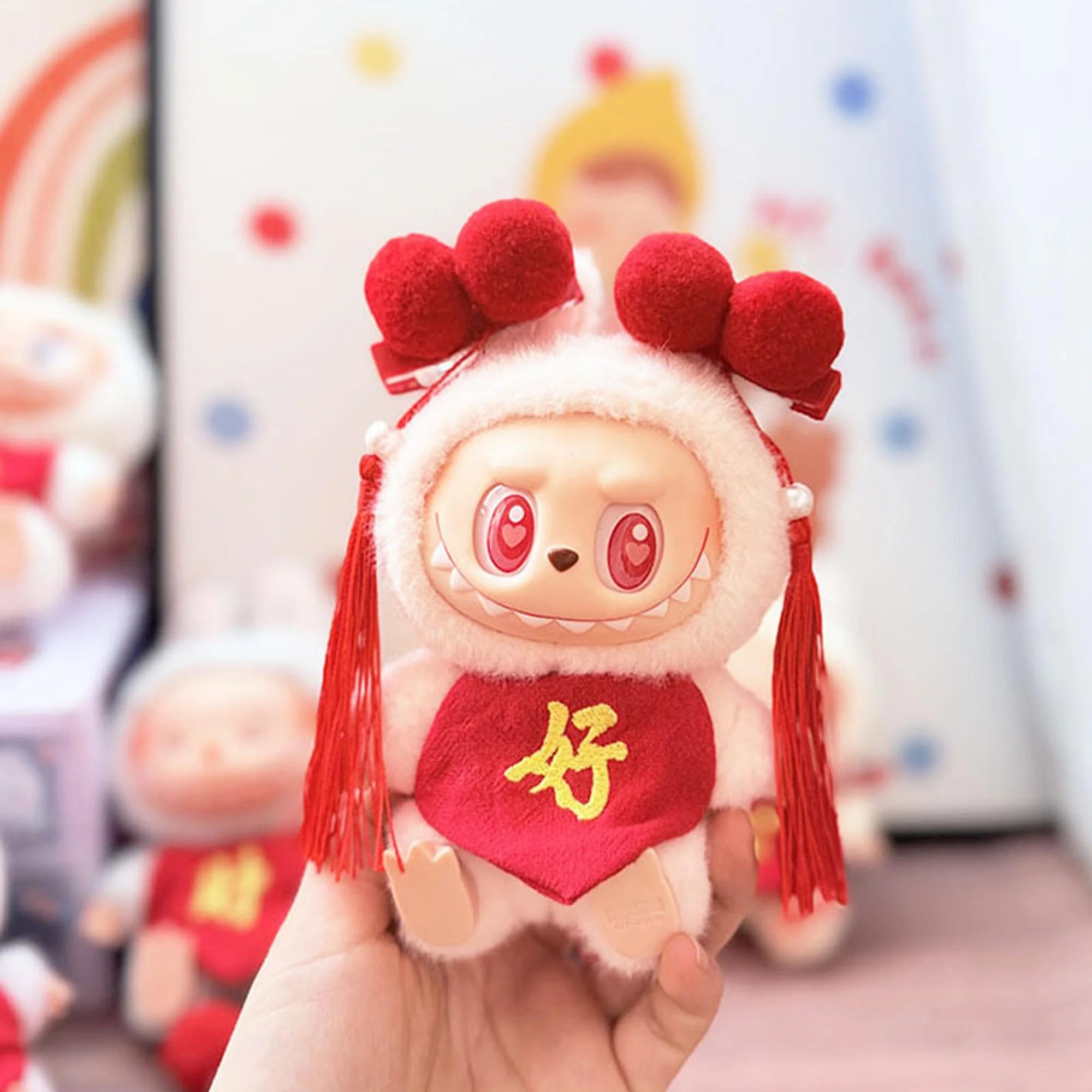 Labubu Clothes Labubu Red Hair Clips + Auspicious Character Bib
