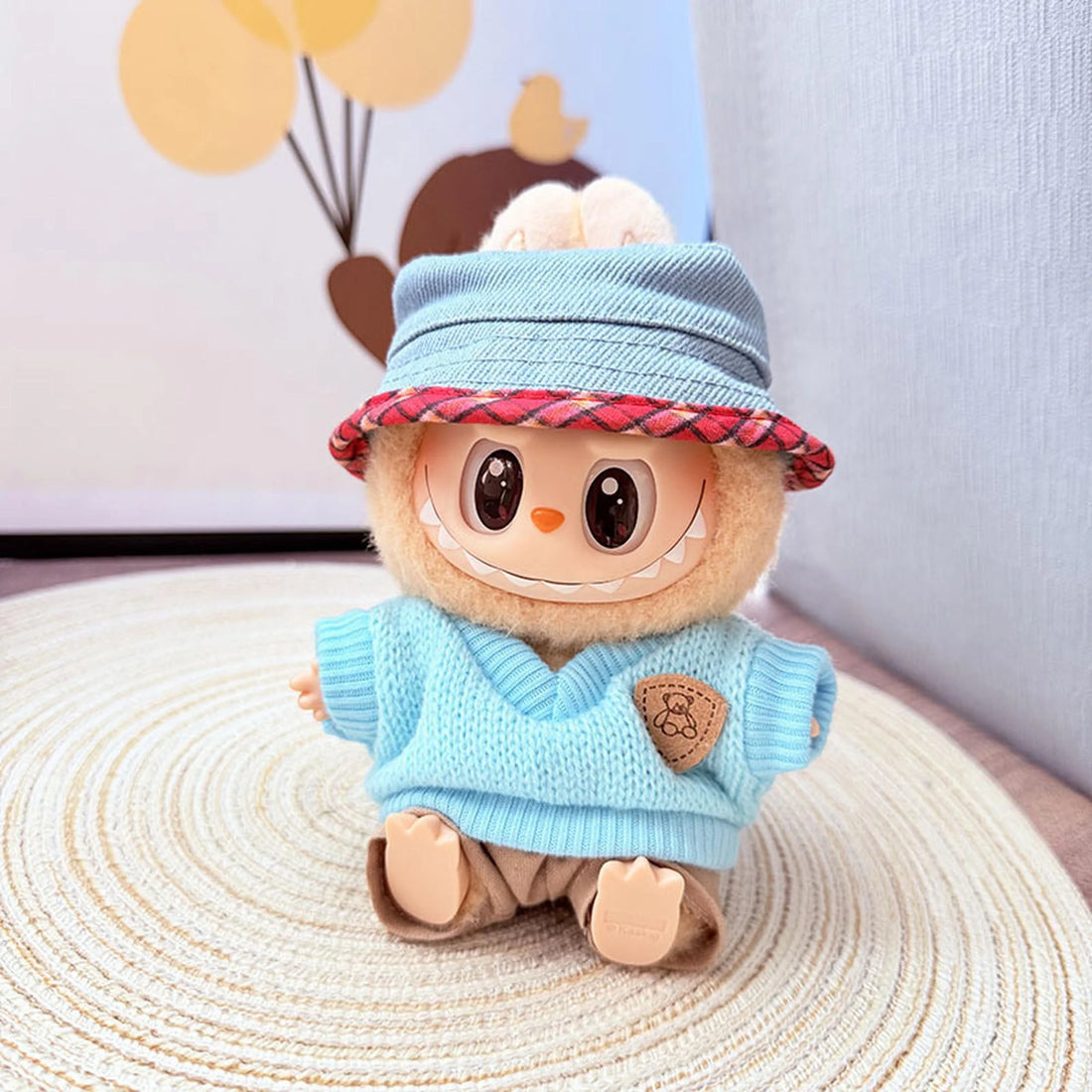 labubu-clothes-red-trimmed-cowboy-hat-sky-blue-bear-brand-sweater-set