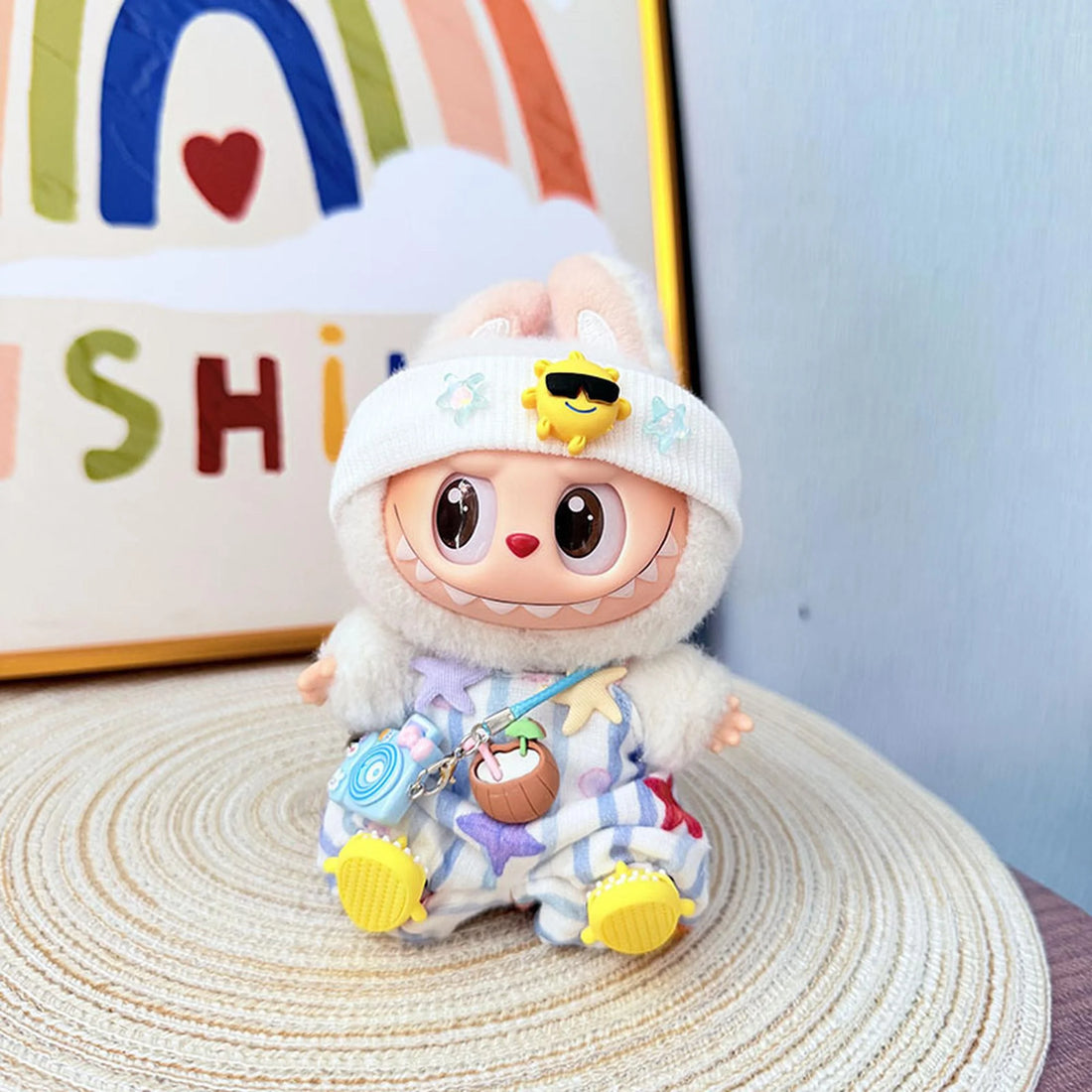 Labubu Clothes Labubu Starfish Beachwear With Coconut + Yellow Shark Shoes + Kd Blue Camera